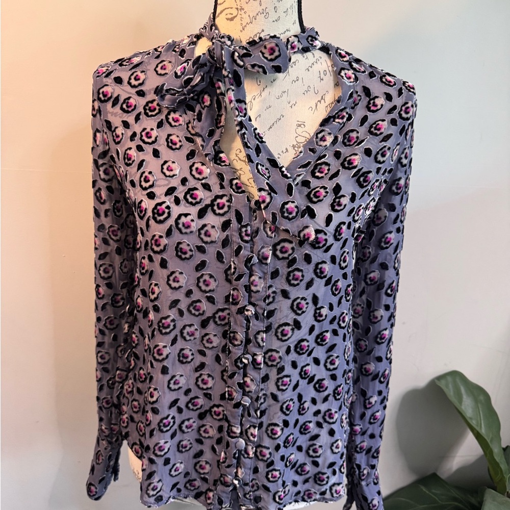 Paige Silk Blend Blouse Small Tie Neck Floral